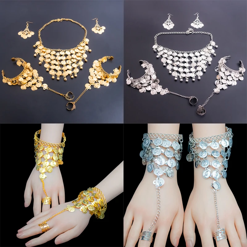 Belly Dance Vintage Bohemian Indian Jewelry Professional Performance Dance Necklace Earrings For Women Coin Ornaments Accessorie