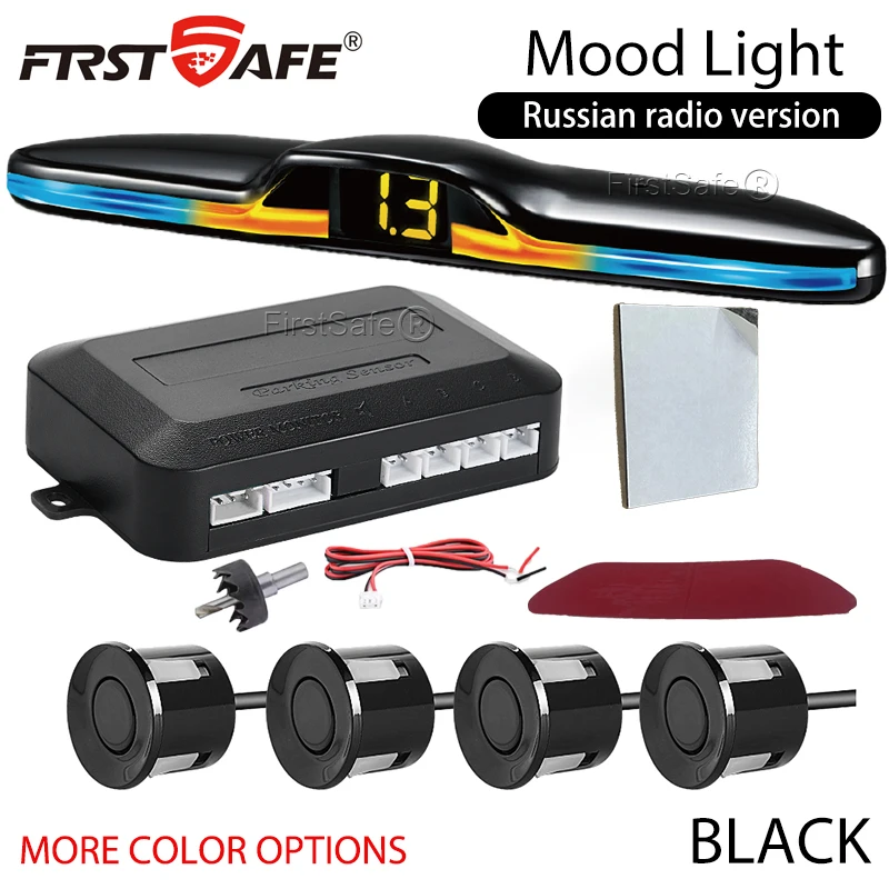 Car mounted LED parking with 4 sensors, 120mm backlit display, reverse radar, Russian voice broadcast monitoring system