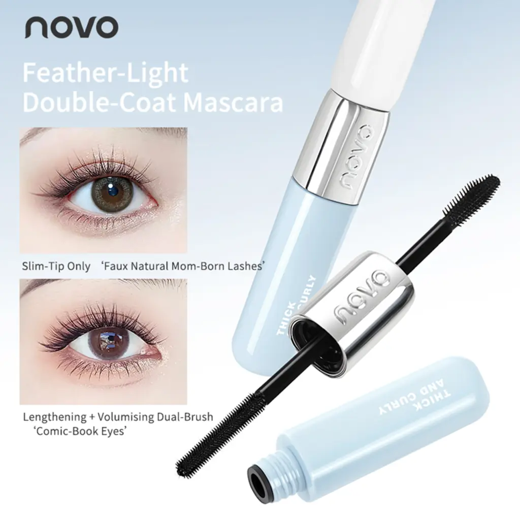 NOVO Waterproof and sweat-resistant dual-ended mascara for lengthening, volumising and long-lasting wear without smudging.