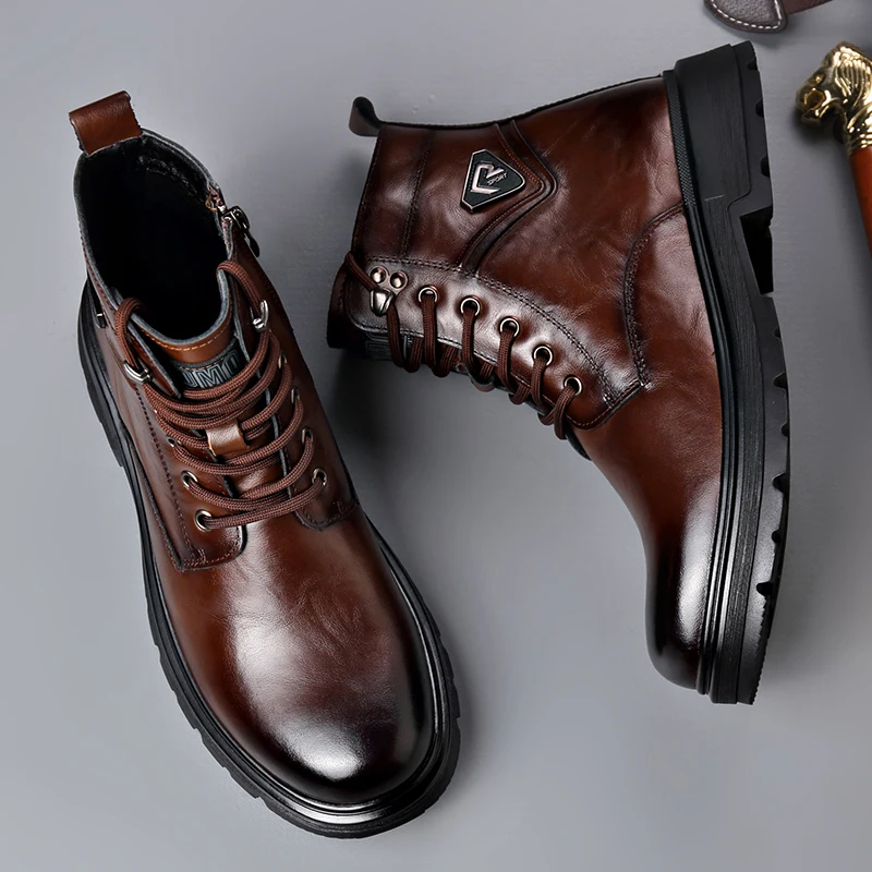 New Trend Genuine Leather Ankle Boots Spring Autumn Motorcycle Boots Mens Winter Plush Snow Boots Outdoor Botas High Top Shoes