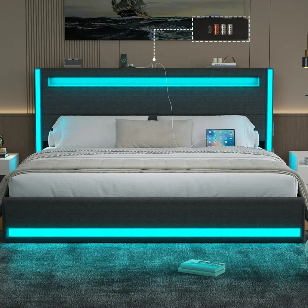 King Size Bed Frame with Adjustable Headboard, LED Platform Bed with Type-C USB Charging Station, Upholstered Metal Frame Dark