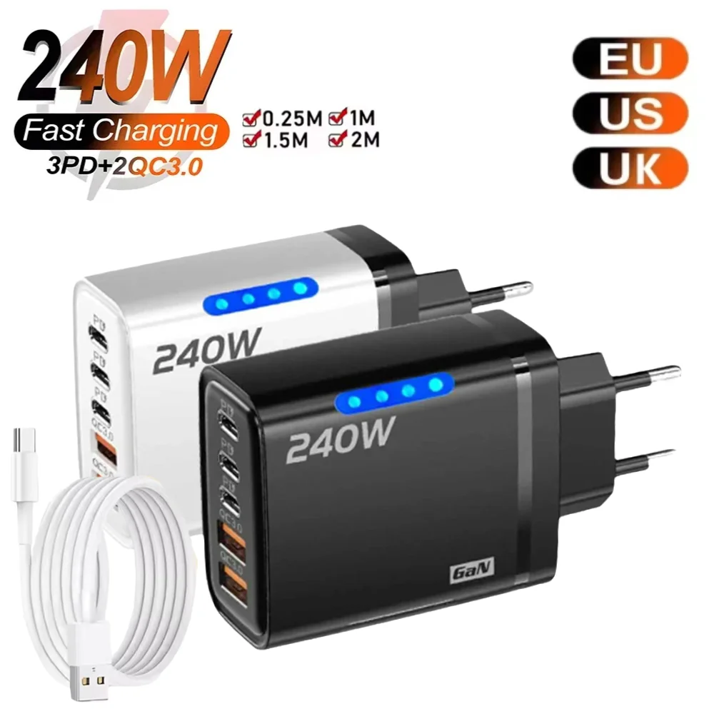 USB 240W Fast Charging Charger Type C GaN Mobile Phone Adapter For Samsung Huaweui Xiaomi iPhone EU/UK Plug Quick Charge Charger