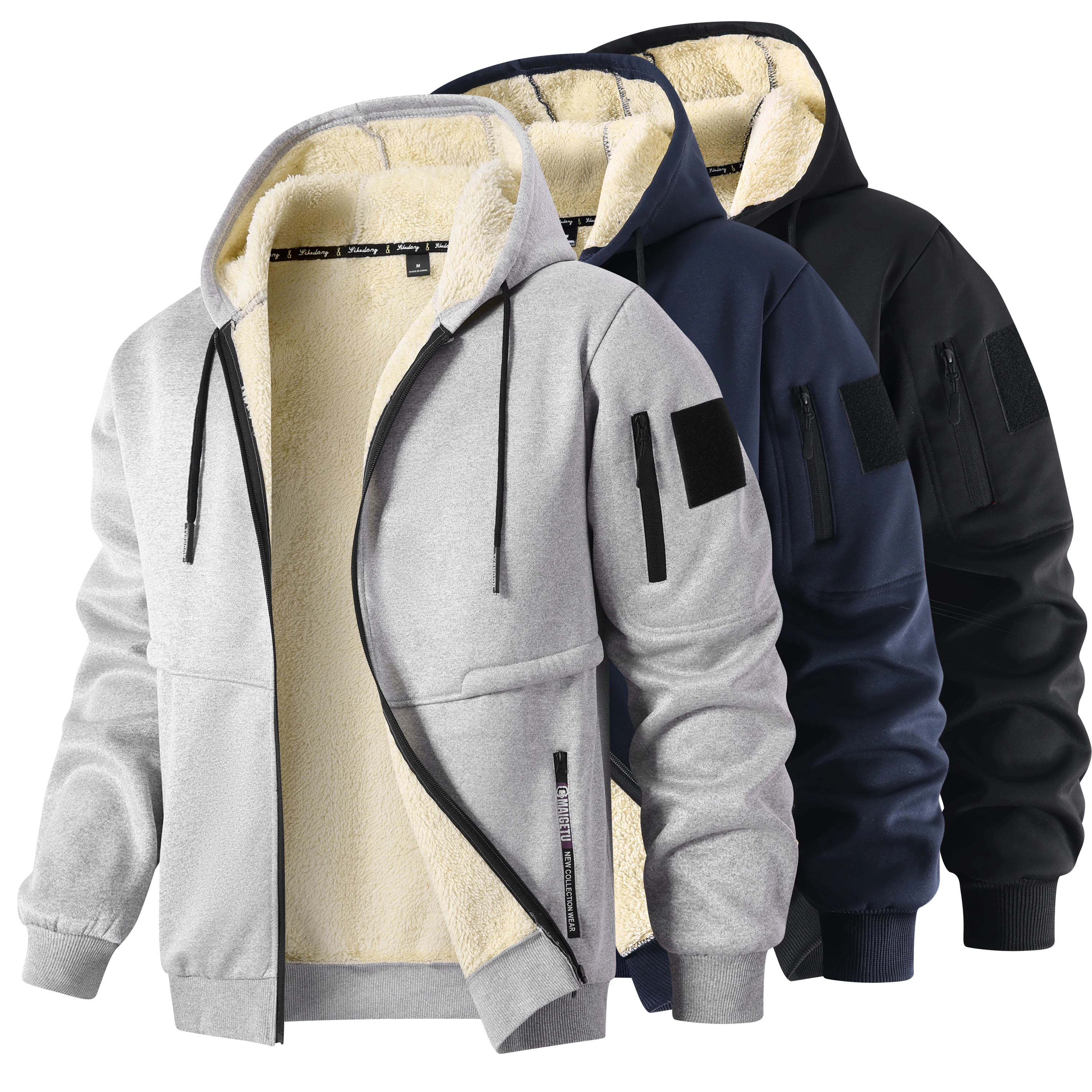 Winter Fleece Jacket Men's Casual Thickened Wool Jacket Warm Zipper Hoodies Cardigan Sports Long Sleeve Sweatshirts Hooded Coat