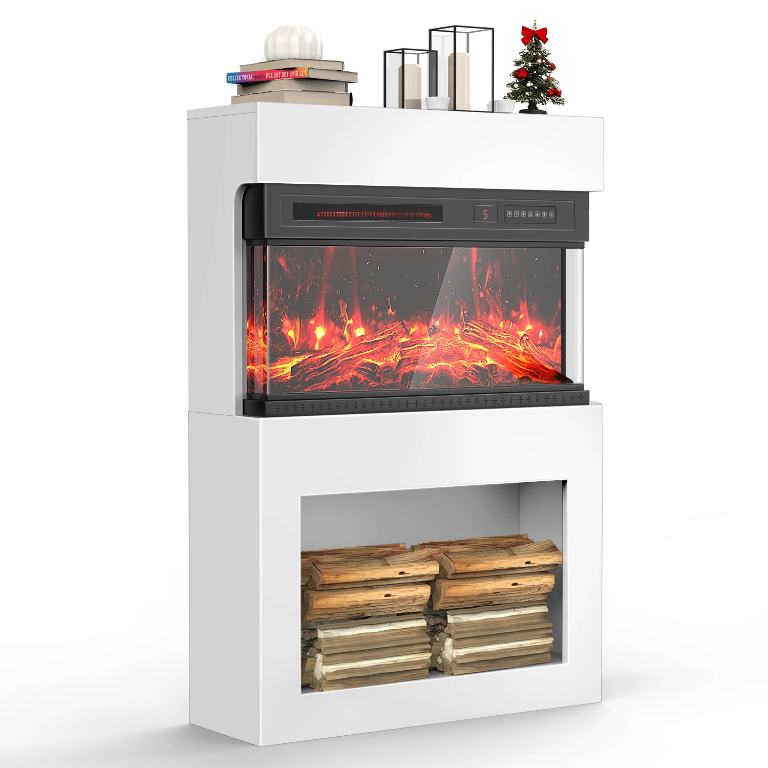 Electric fireplace with 3D flame effect, heater, thermostat, remote control, timer, in 12 flame colors with 5 brightness levels