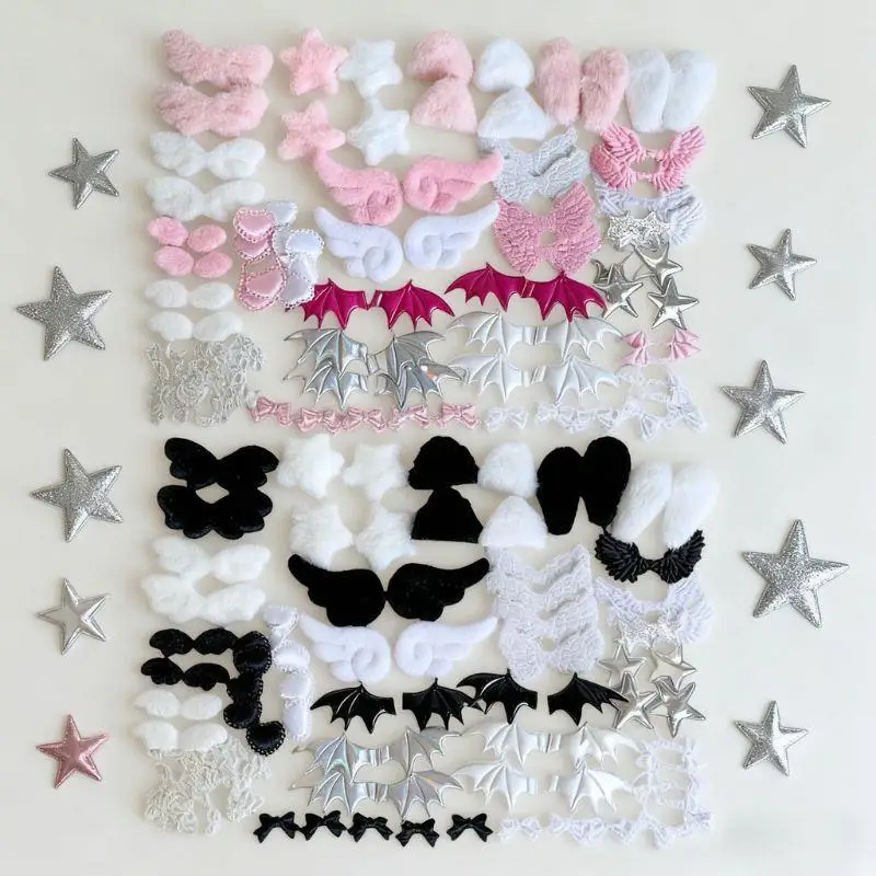 99pcs/set Cartoon Card Cover Decoration Handmade DIY Plush Pink White Black Series Wing Accessories Bow Heart Ear Material Set