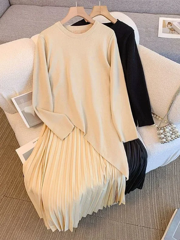 Unique Knitted Long Sve Maxi Dr Autumn New Sle plus Size Ele Design Loose Fit Korean Sle Commute Wind Gored Skirt