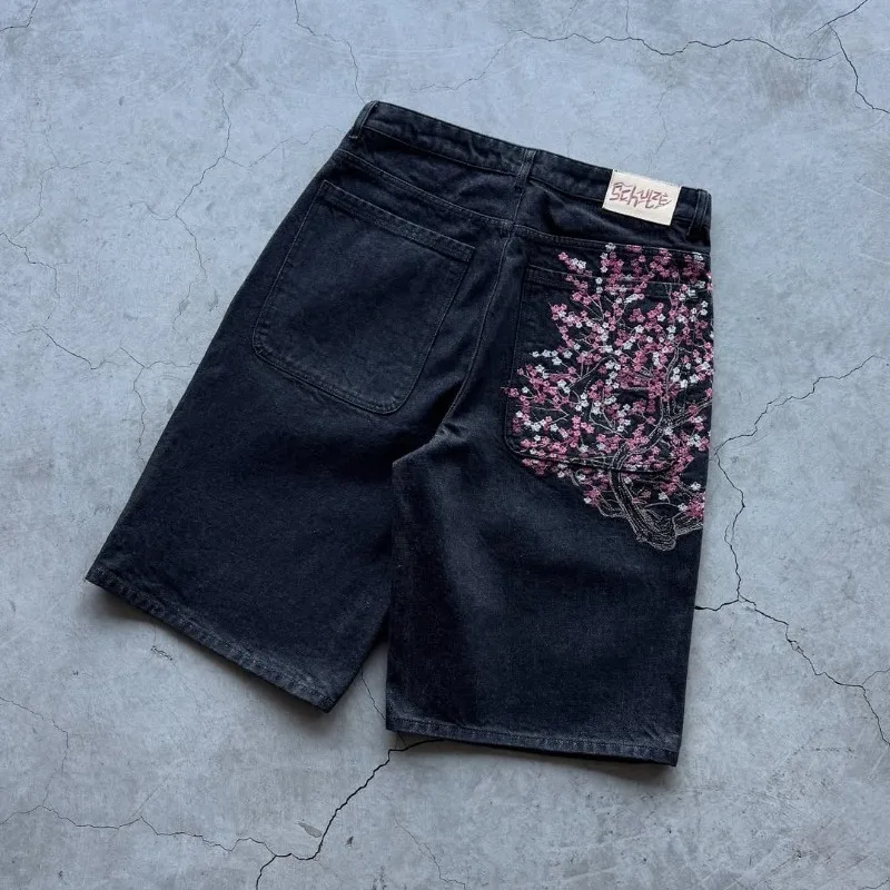 Y2K Harajuku Shorts vintage plum blossom embroidery Baggy Denim Shorts NEW American men women Casual Hip hop Shorts Streetwear