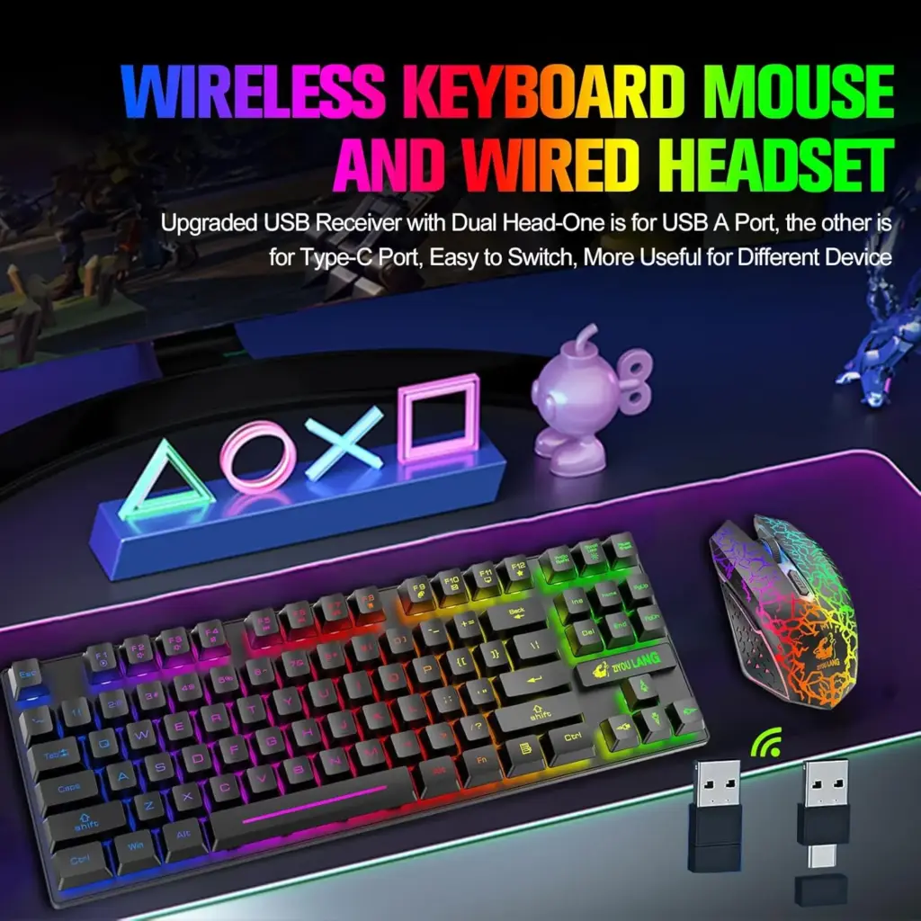 T87 Wireless Keyboard Mouse Set, Rainbow Backlit 2.4G Rechargeable Gaming Keyboard 2400DPI Optical Gaming Mouse with Mouse Pad