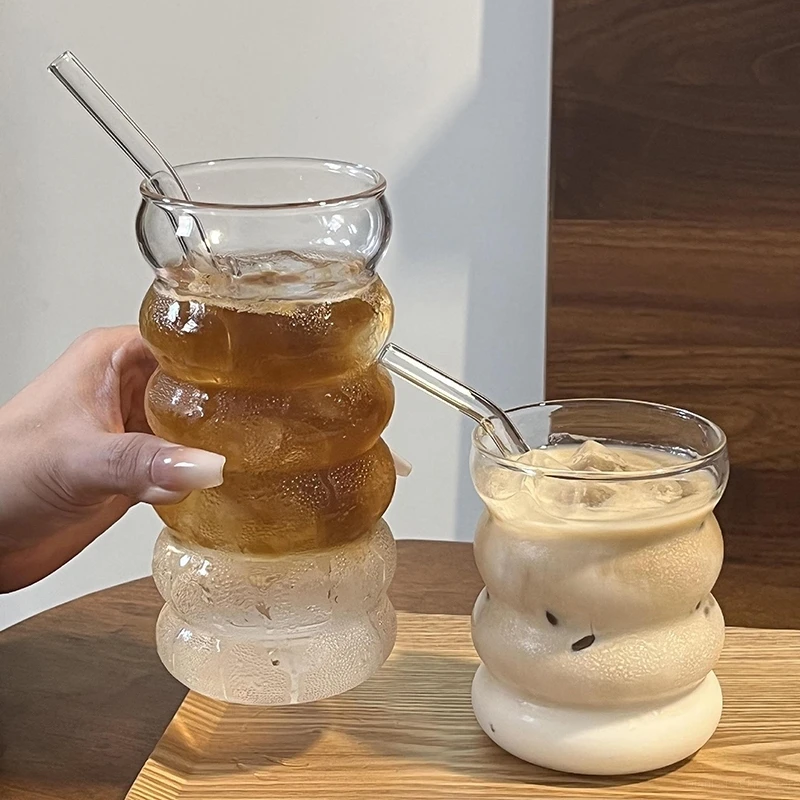 1/2PCS Transparent Glass Cup INS Coffee Mug Heat-resistant Tumbler Drinking Glasses Ripple Water Glasses for Cocktail Beverage