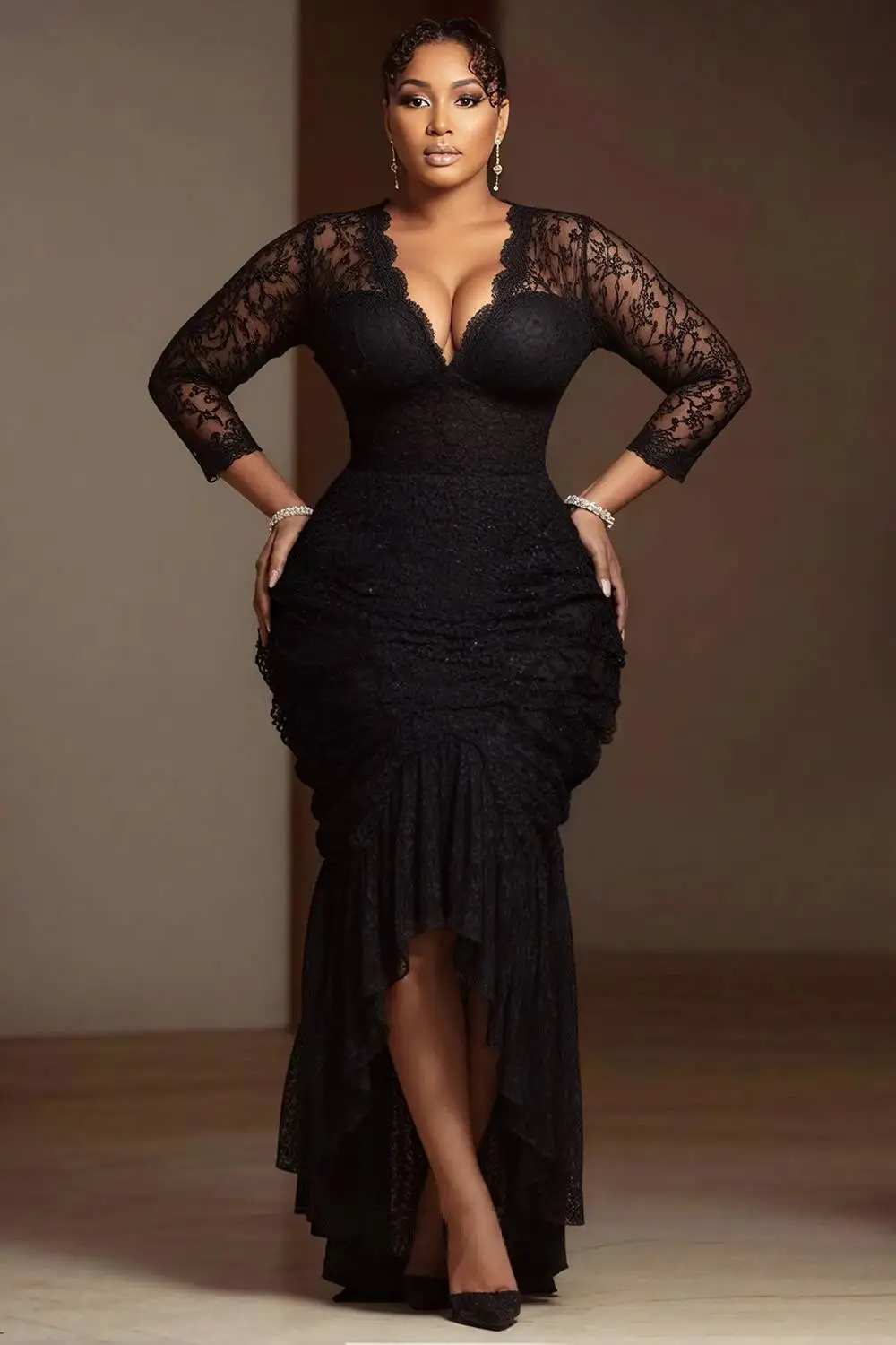 Plus Size Prom Black V Neck Long Sleeve High Low Hem Elegant Bodycon Lace Midi Dresses