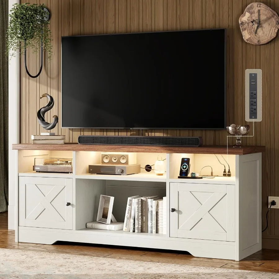 TV Stand for 65 Inch TV Farmhouse Entertainment Center with Power Outlet LED Light and Storage Cabinets Console Table and Media