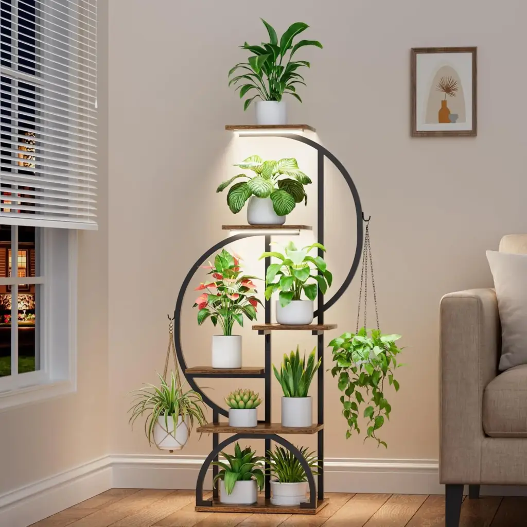 6-Tier Metal Plant Stand with Grow Lights, Dual-Arc Shelf for Indoor Plants, Living Room Patio Decor