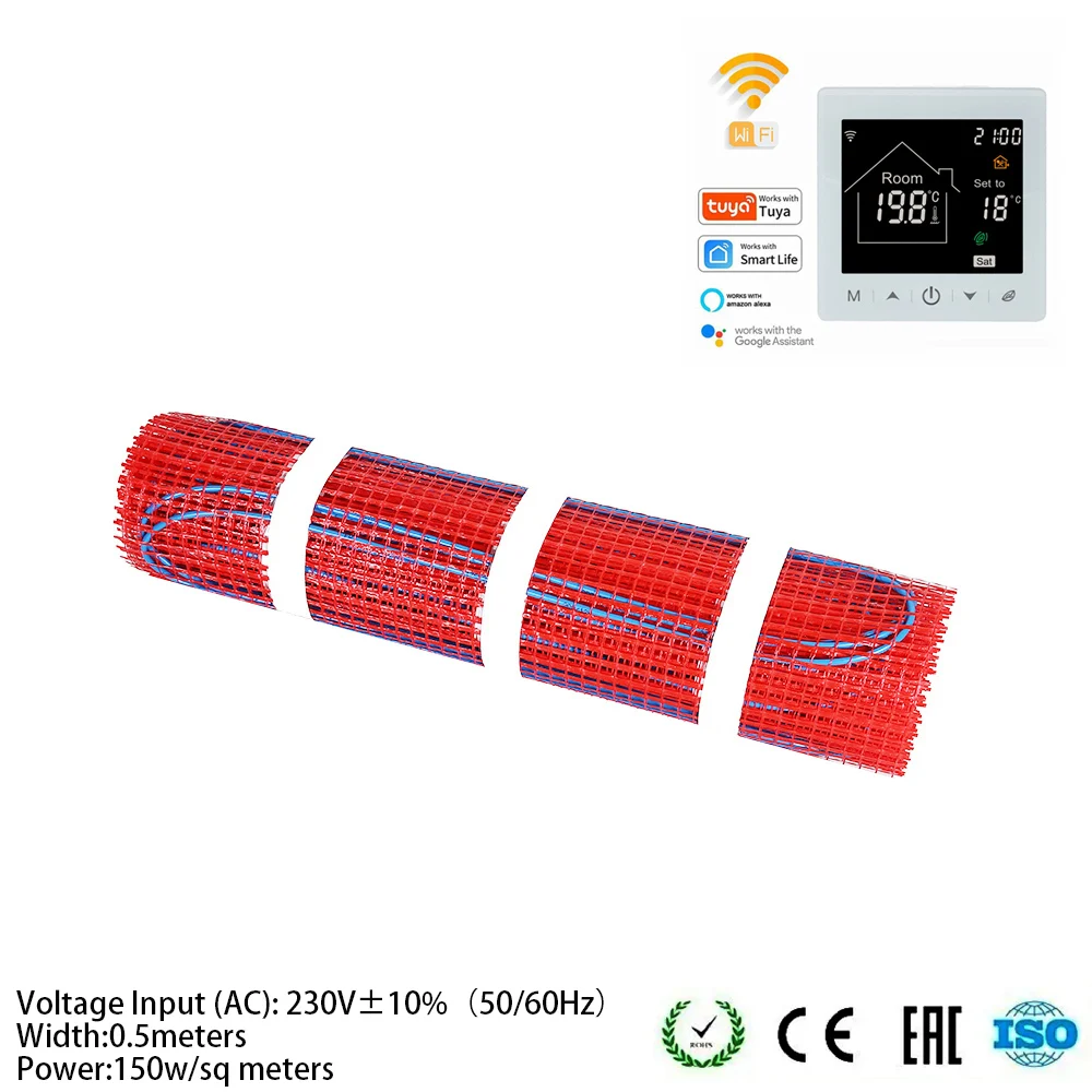 JRHSWARM Electric Underfloor Heating Mat Kit For Tiled Stone Floors 230V 150W/M2 With White Touchscreen Wifi TUYA Thermostat