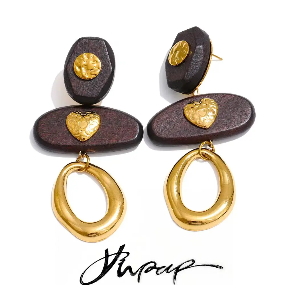Yhpup New Arrival Stainless Steel Heart Wood Geometric Long Drop Dangle Earrings Autumn Winter Style Office Lady Unique Jewelry