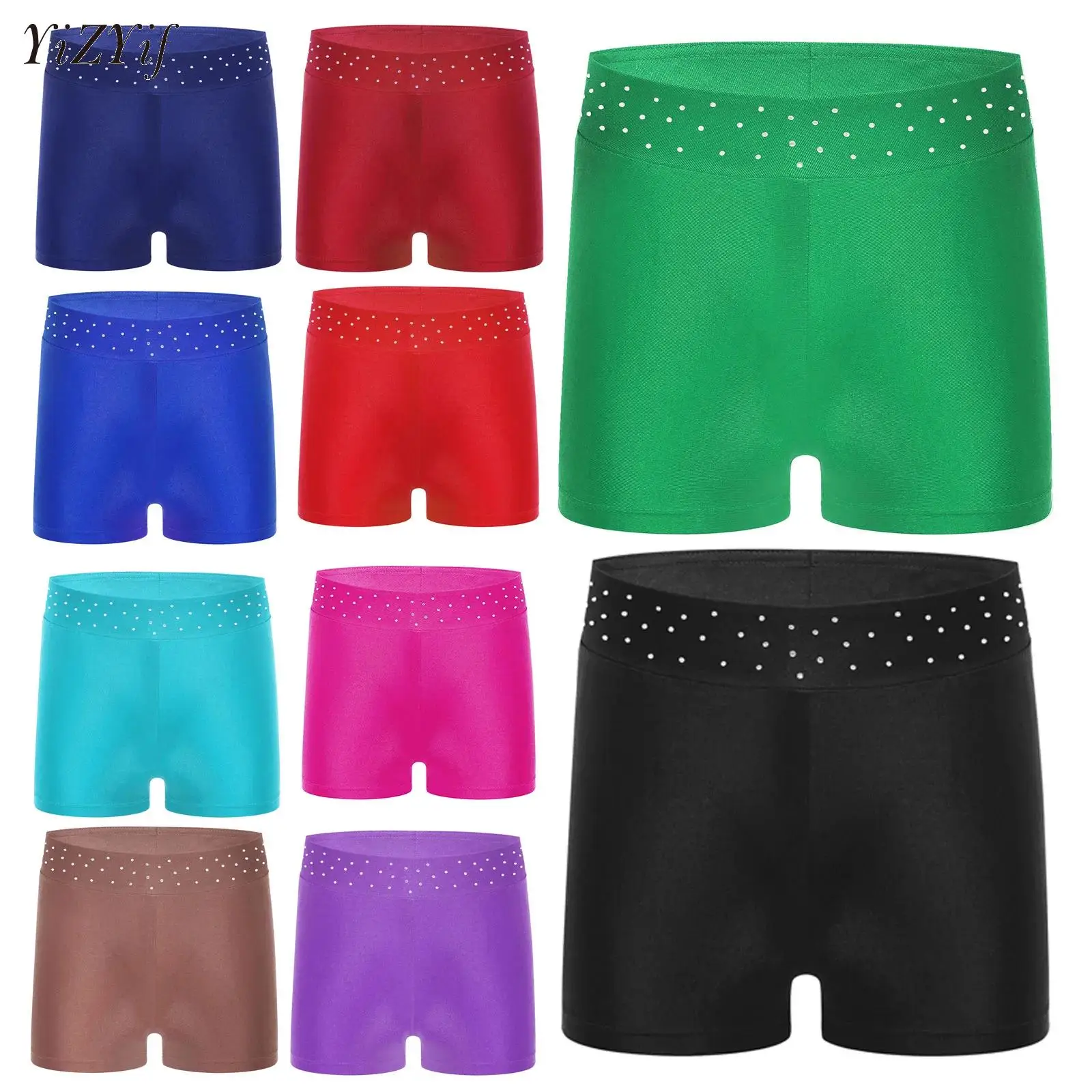 Kid Girls Shiny Rhinestones Ballet Dance Shorts Figure Skating Gymnastics Performance Costume Elastic Waistband Short Leggings