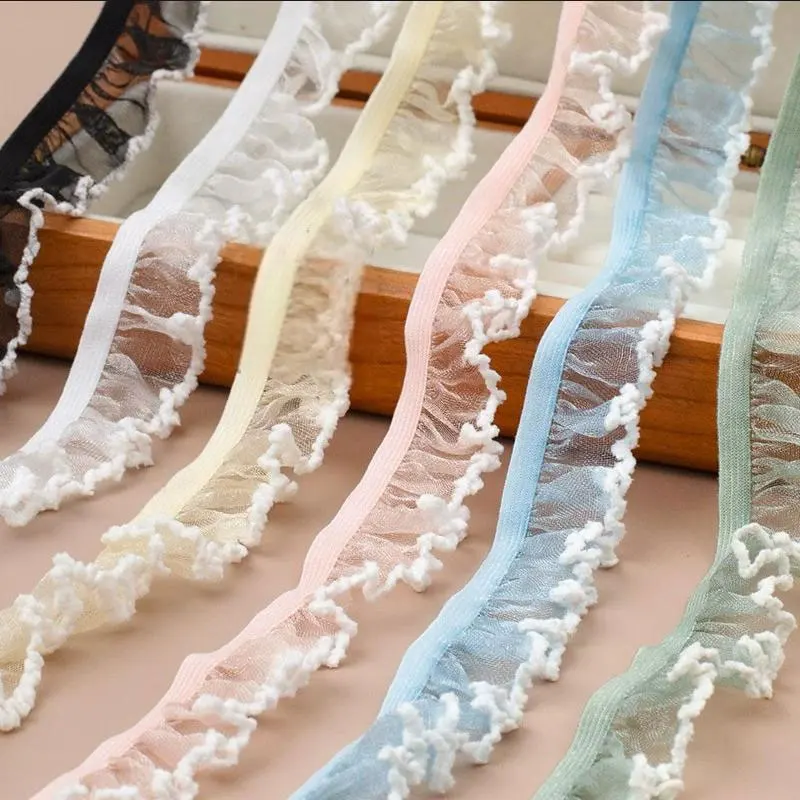 2/5/10meter Elastic Ruffle Lace Ribbon Sheer Chiffon Trim Lace Fabric Ribbon for DIY Apparel Sewing Handmade Accessories 2cm