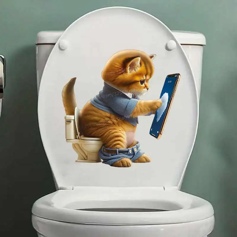 Cat Playing on Phone Toilet Sticker - Waterproof Self-Adhesive Bathroom Sticker DIY Decoration Sticker Bathroom Decoration M1288