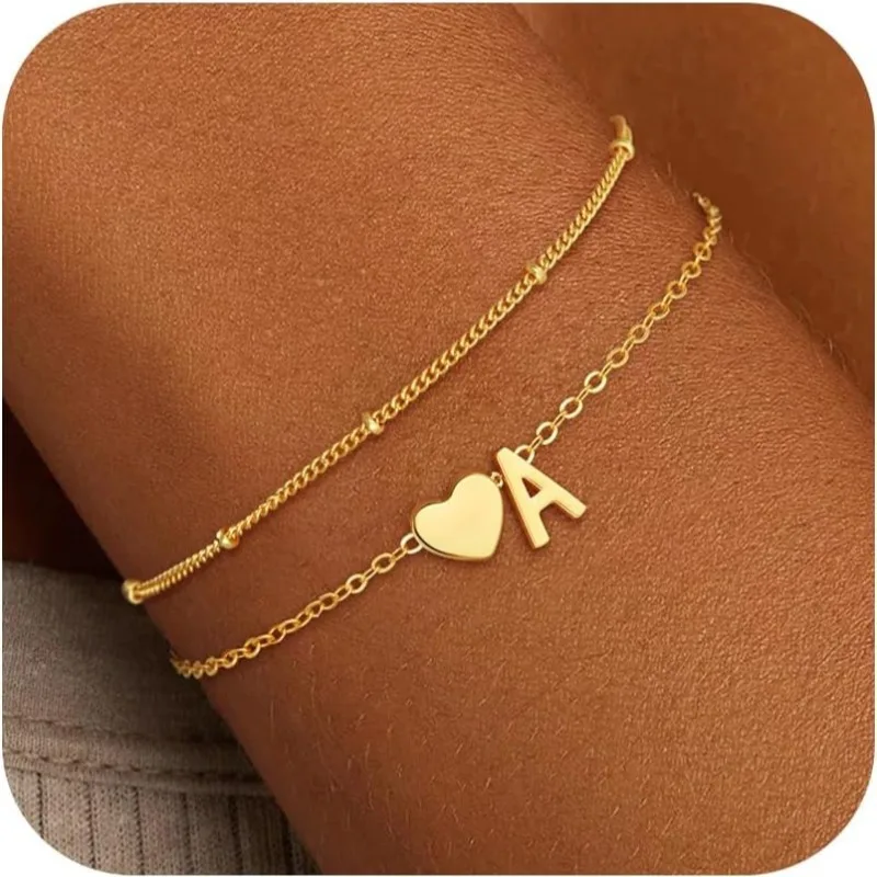 Initial Bracelets for Women Girls Waterproof 18K Gold Plated Stainless Steel Heart Initial Bracelet Trendy Stuff Jewelry Gifts