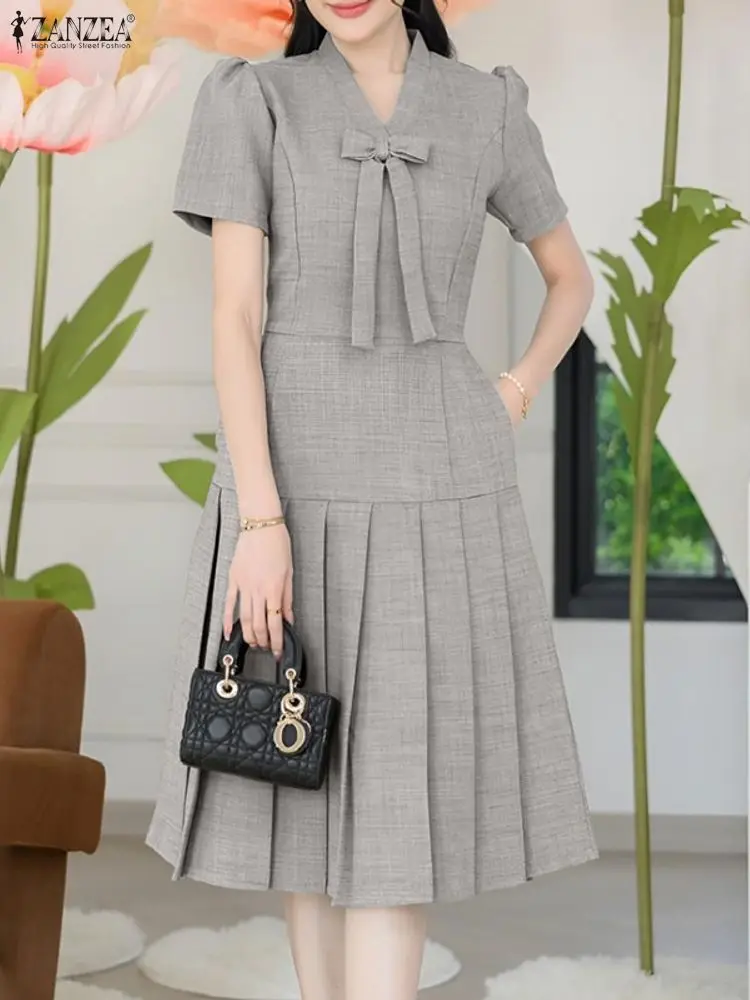 ZANZEA Elegant V Neck Office Dresses Women 2025 Summer Dress Short Sleeve Pleated Sundress Stylish Solid A Line OL Work Robe