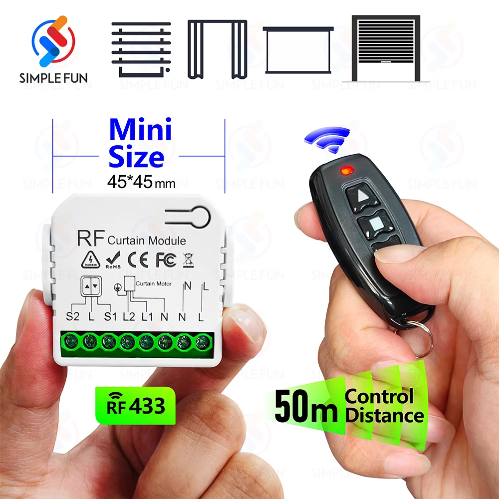 433Mhz 110V 220V Curtain Roller Shutter Wireless Switch and 50m Transmitter RF Module for Remote Control Blind/Garage Door/Motor