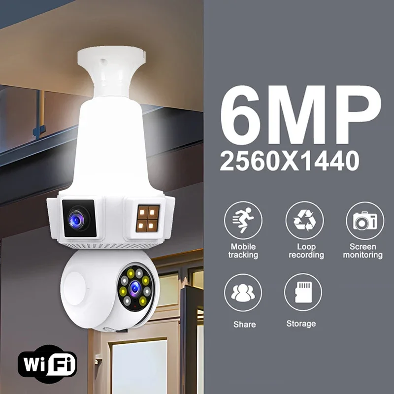 Three Lens Triple Screen 6MP Wireless Wifi E27 Light Bulb Camera V380Pro 360° PTZ Bulb Camera Home Security CCTV Baby Monitor