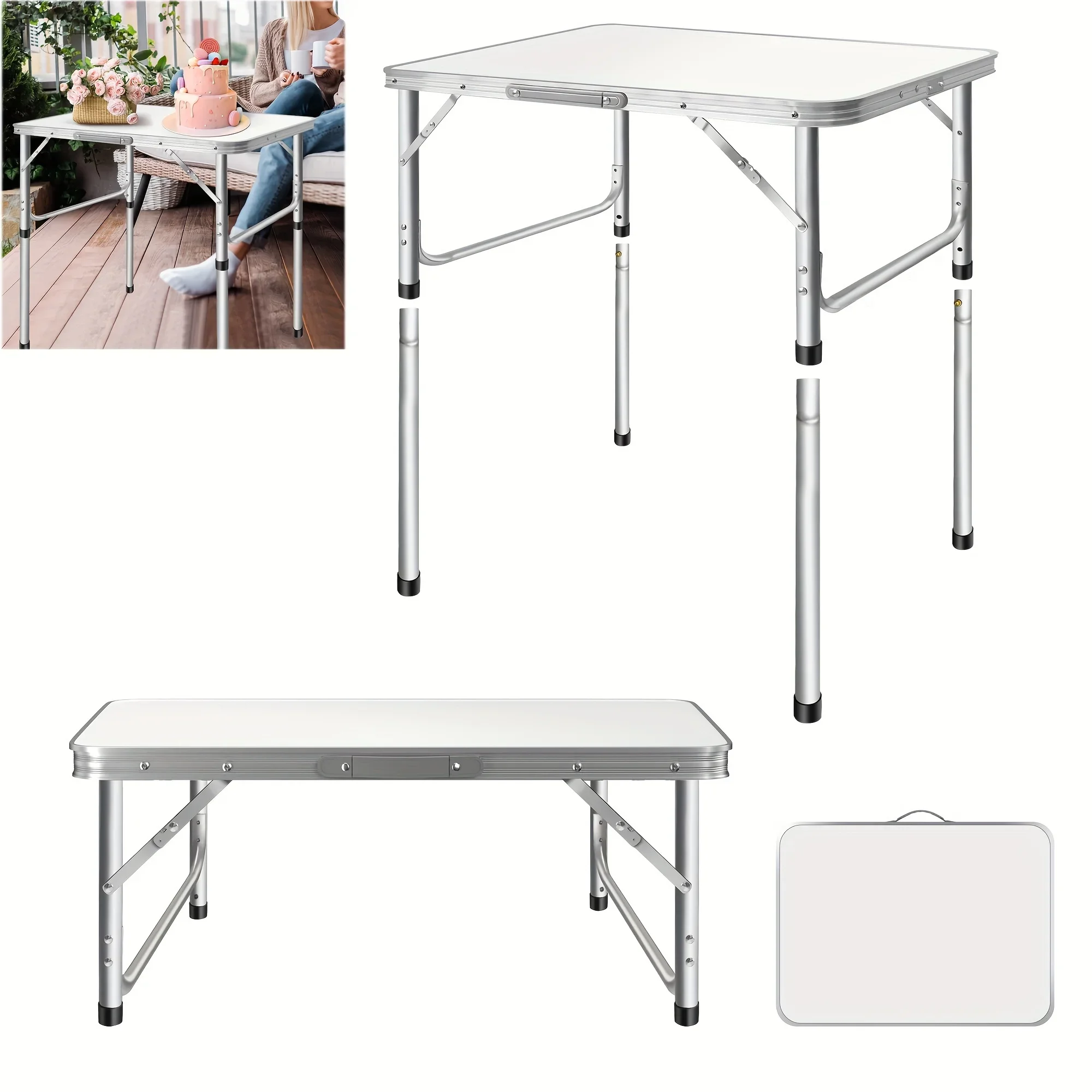 90cm White Folding Camping Table, Three Height Adjustable, Portable Picnic Table with Handle