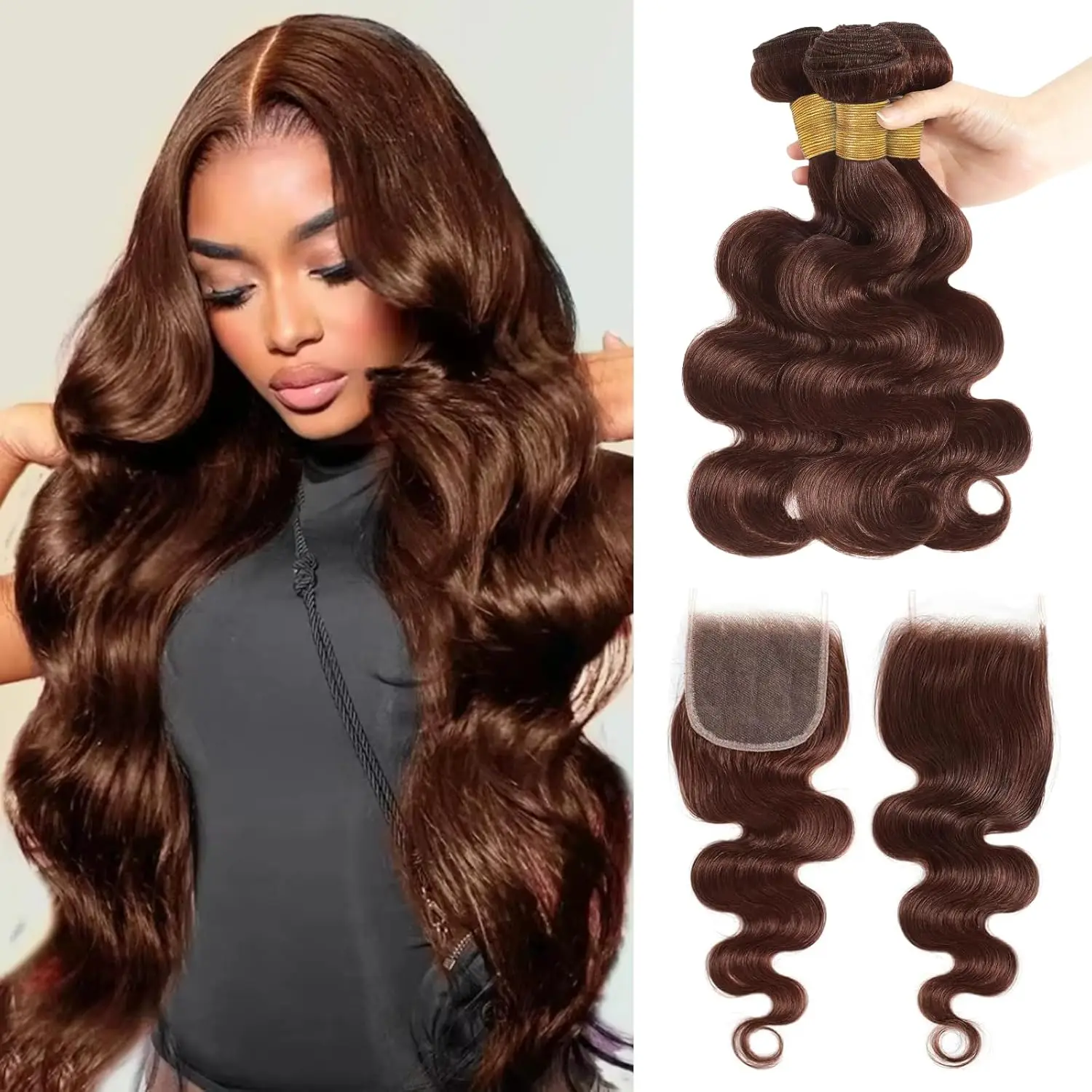 Dark Brown Body Wave Bundles with Closure Human Hair Bundles With 4x4 Lace Closure Colored 3/4 Bundles Hair Remy For Women
