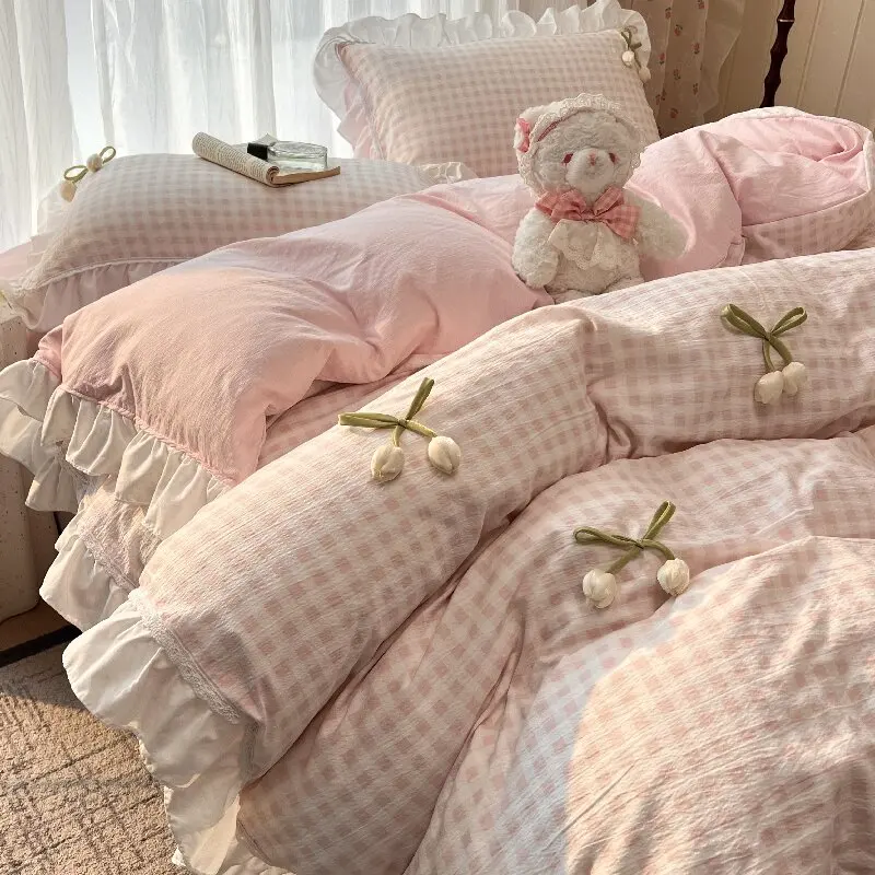 Korean Princess Style Lattice Tulip Ruffles Bedding Set Soft Quilt Cover Plaid Style Duvet Covers Bed Sheet Pillowcases 3/4Pcs