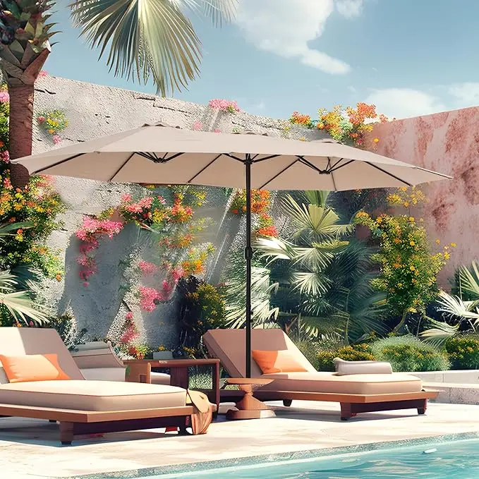 Modern Double Sided Large Rectangular Patio Umbrella With Waterproof Base Outdoor Market Umbrellas Mail Order Packing Included