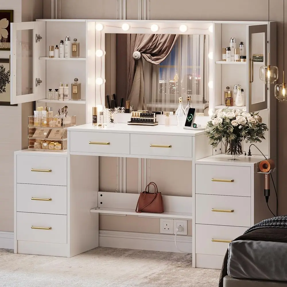 58.3in Vanity Desk with Mirror Charging Station 8 Drawers 2 Cabinets Bedroom Makeup Table, Customized