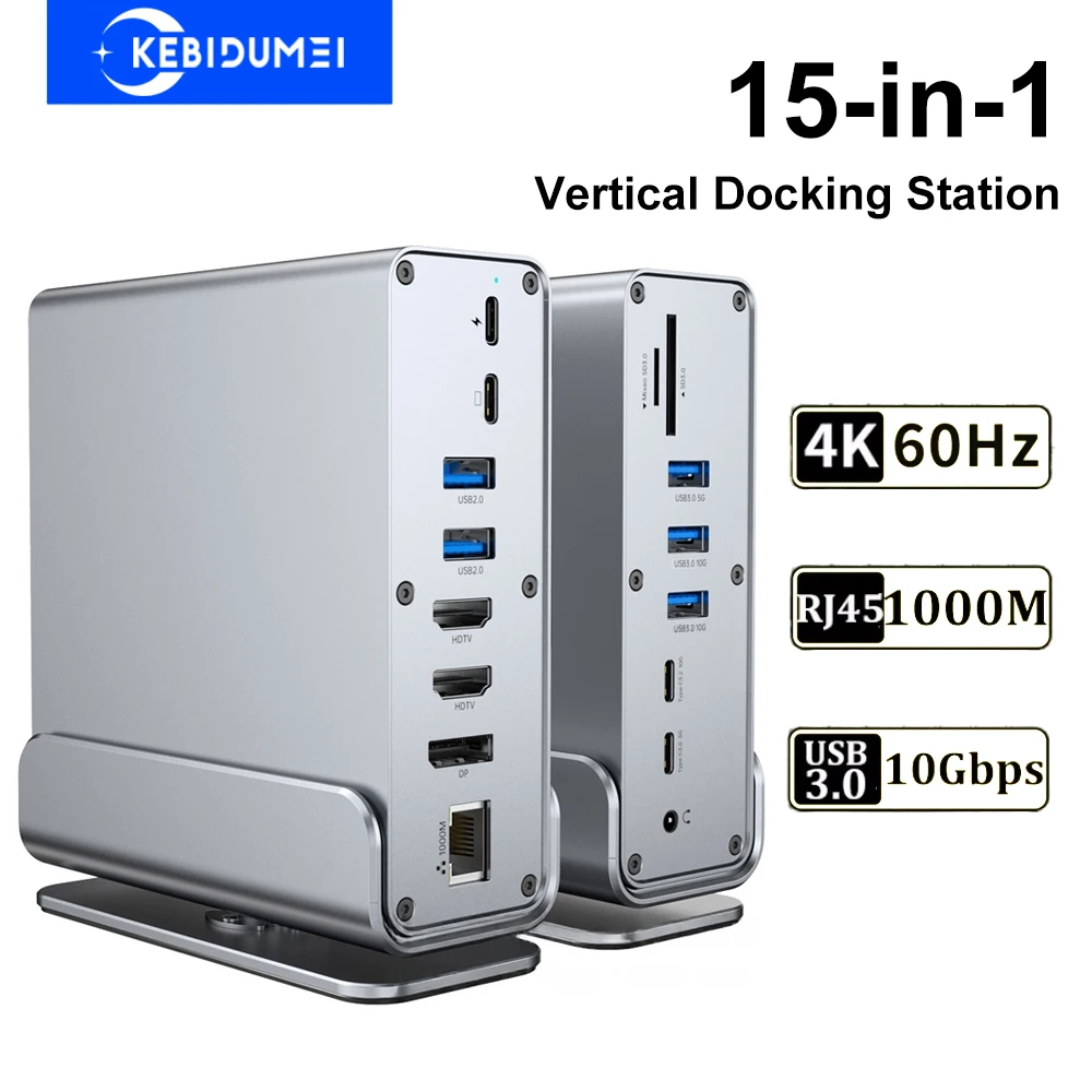 Vertical Docking Stations 15-in-1 USB Docking Station TYPE C Hubs with Triple Monitor HDMI 4K60Hz/RJ45 1000M/USB3.0/PD100W