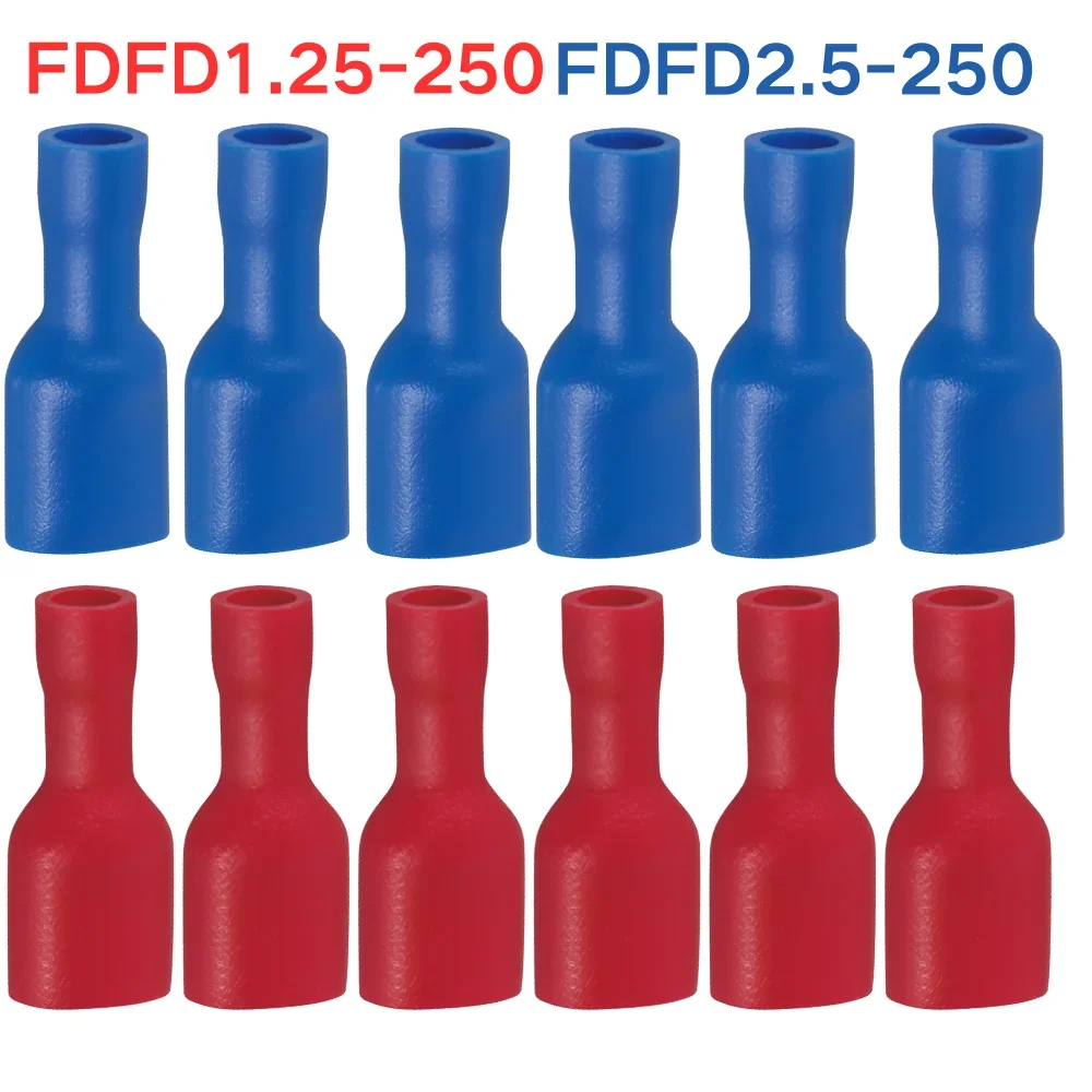 200/100pcs Red Blue Fully Insulated Splice Wire Cable Connector 6.3mm Crimp Electrical Terminals FDD1.25-250 FDD2-250