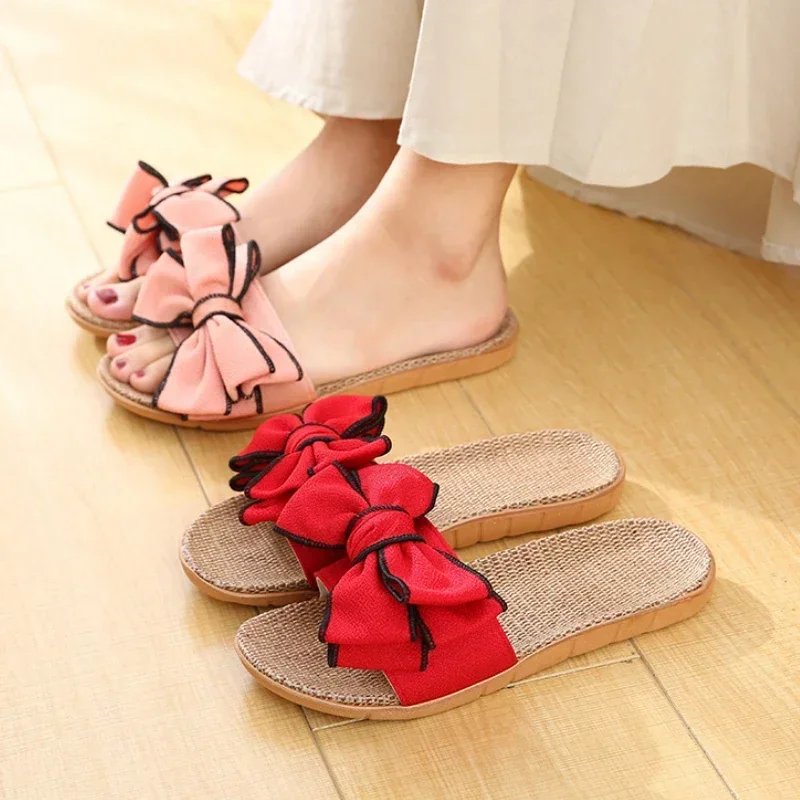 Women Summer Casual Slides Comfortable Flax Slippers Striped Bow Linen Flip Flops Platform Sandals Ladies Indoor Shoes