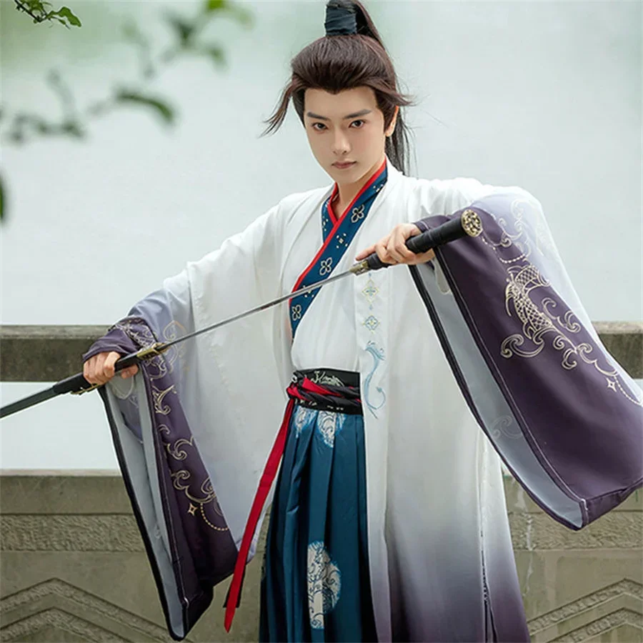 Mannen Hanfu Chinese Traditionele Kostuum Set Weijin Periode Chiffon Corset Confucianistische Jurk Gentleman Cosplay Show