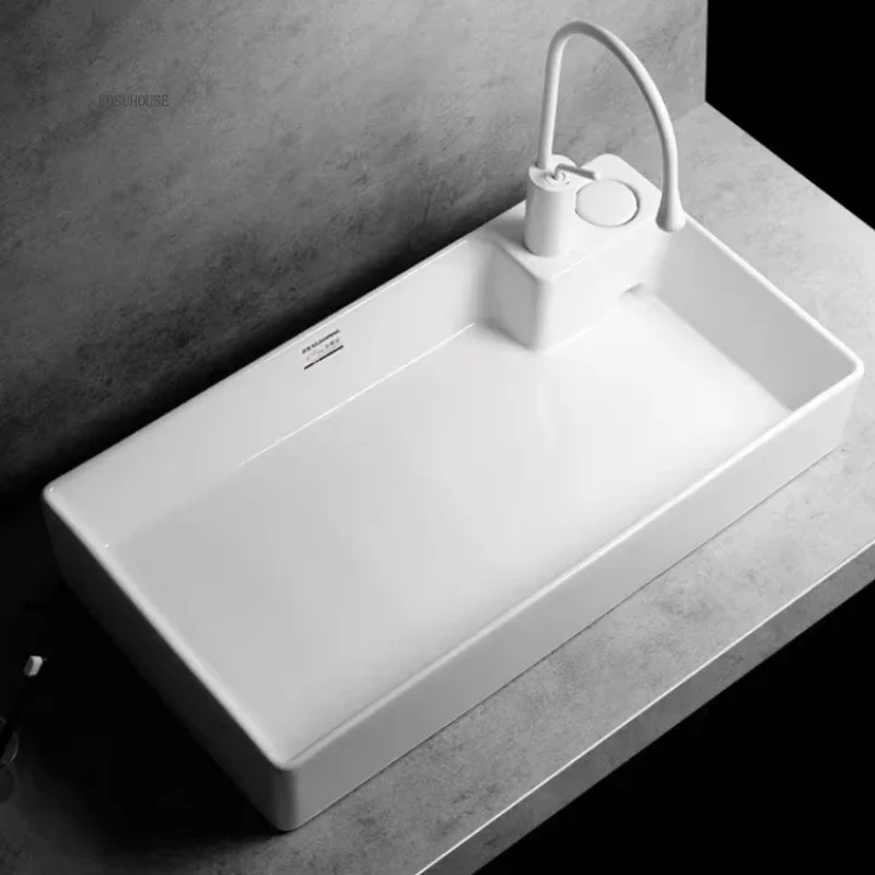 Modern Ceramic Bathroom Sink Countertop Basin with Concealed One-button Rear Drain Balcony Single Basin Hotel Bathroom Sink