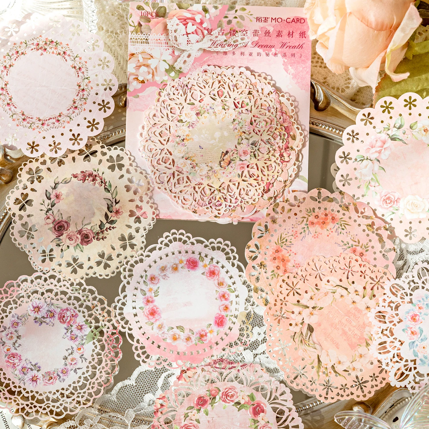 10 pcs INS Scrapbooking paper Wreath Lace Decoration paper Hollow Card Collage Material junk journal DIY hand made Craft paper