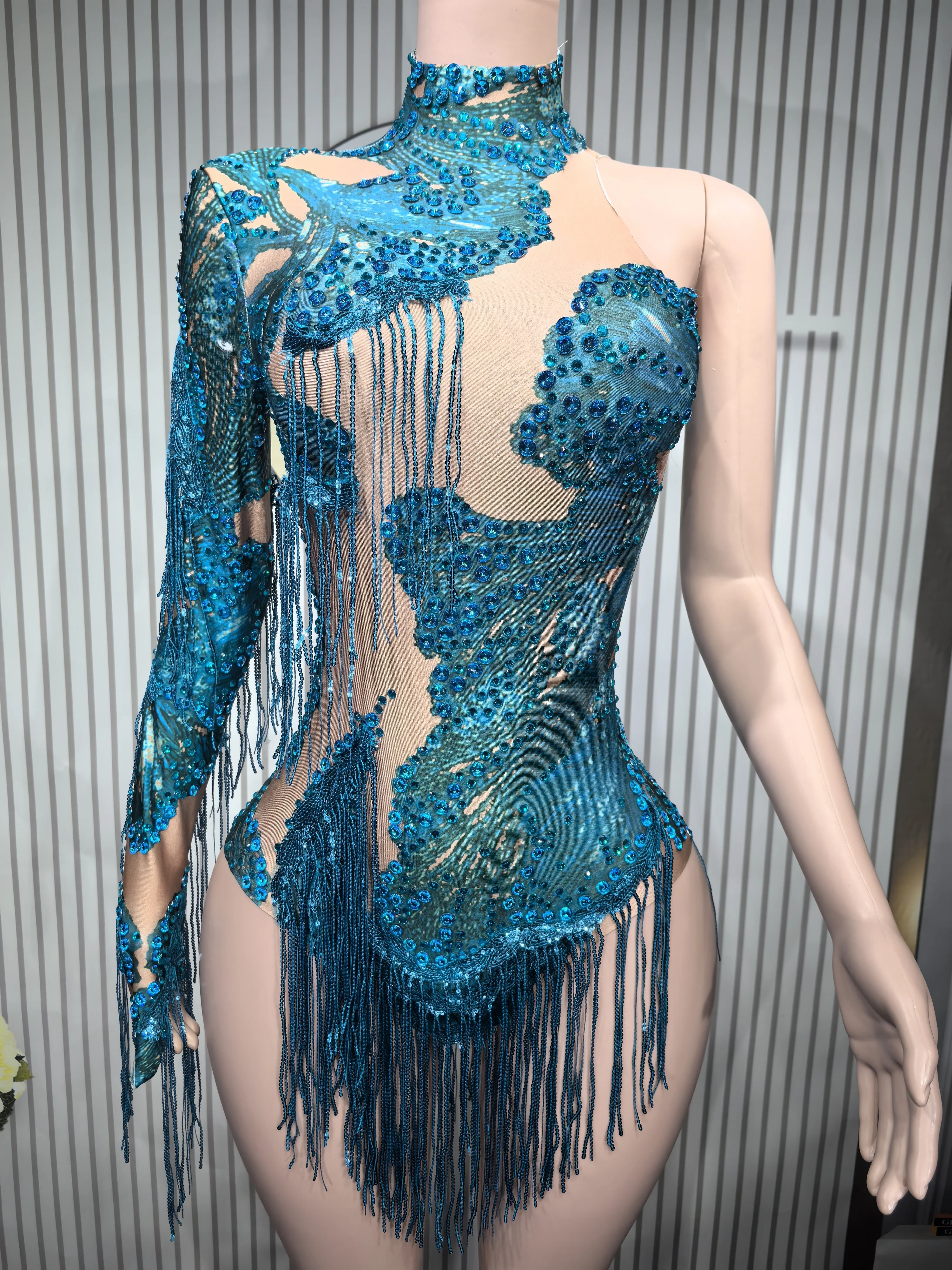 Sexy Skinny Leotard Singer Dancer Show StageWear Sparkly Blue Rhinestones Women DanceCostume Fringes One Shoulder Bodysuit 7G