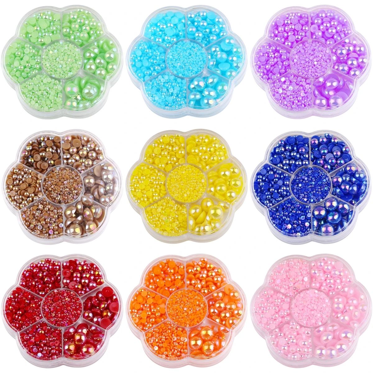 2MM-10MM, Flower Box, 5000pcs/P, AB Colors Flatback Half Round Pearl Rhinestones, Crystal Gems Non HotFix Jewelry Beads Diy.