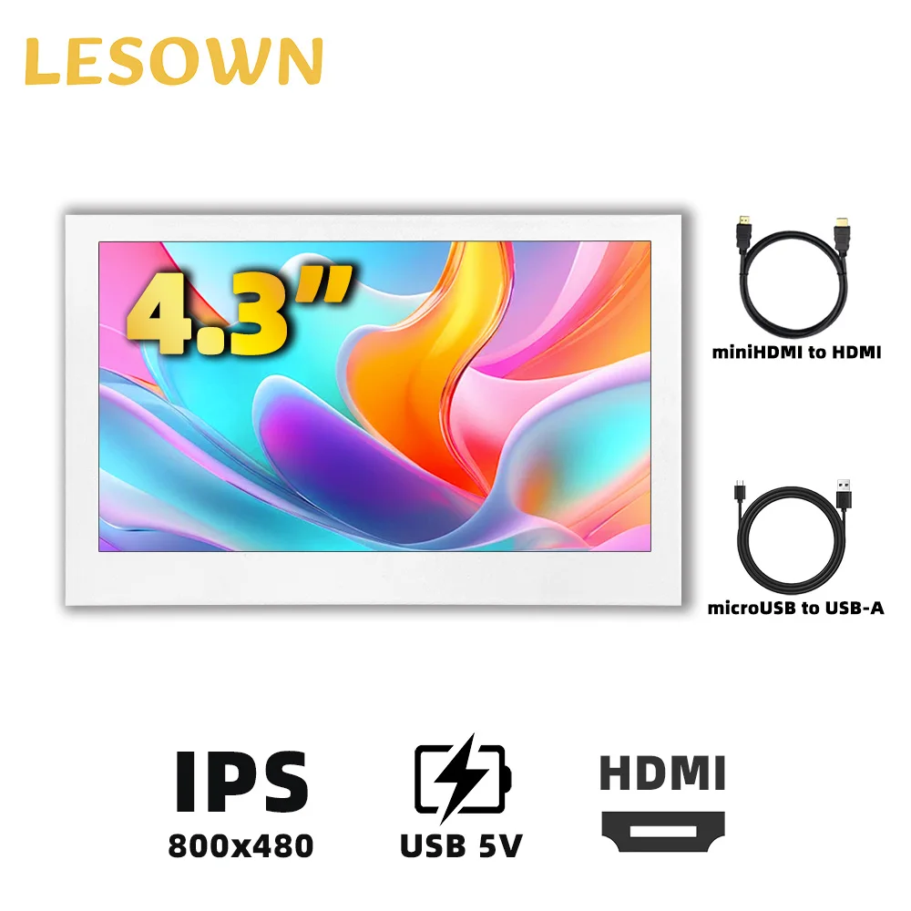 LESOWN Compact Monitor 4.3inch 800x480 Small Auxiliary Display Palm-Sized Monitor Ultra-Thin IPS Panel for Laptop Windows mac OS