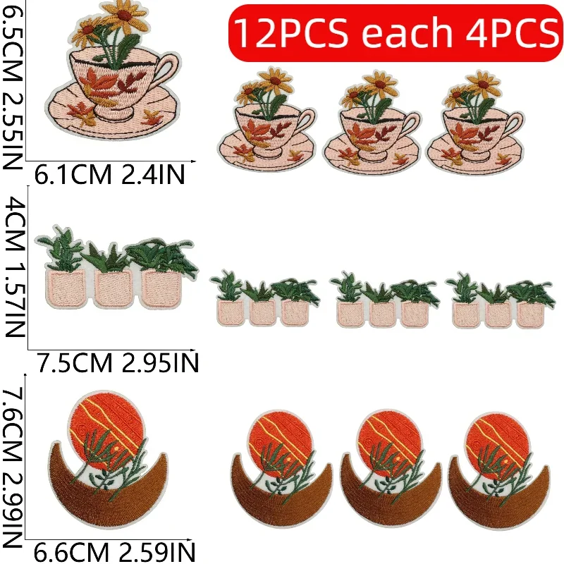 10/12PCS Lots of Mushroom Patches Embroidery Ironing Wholesale Set of Slow Life Bear Sticker Retro Embroidery Cloth Vase Patch