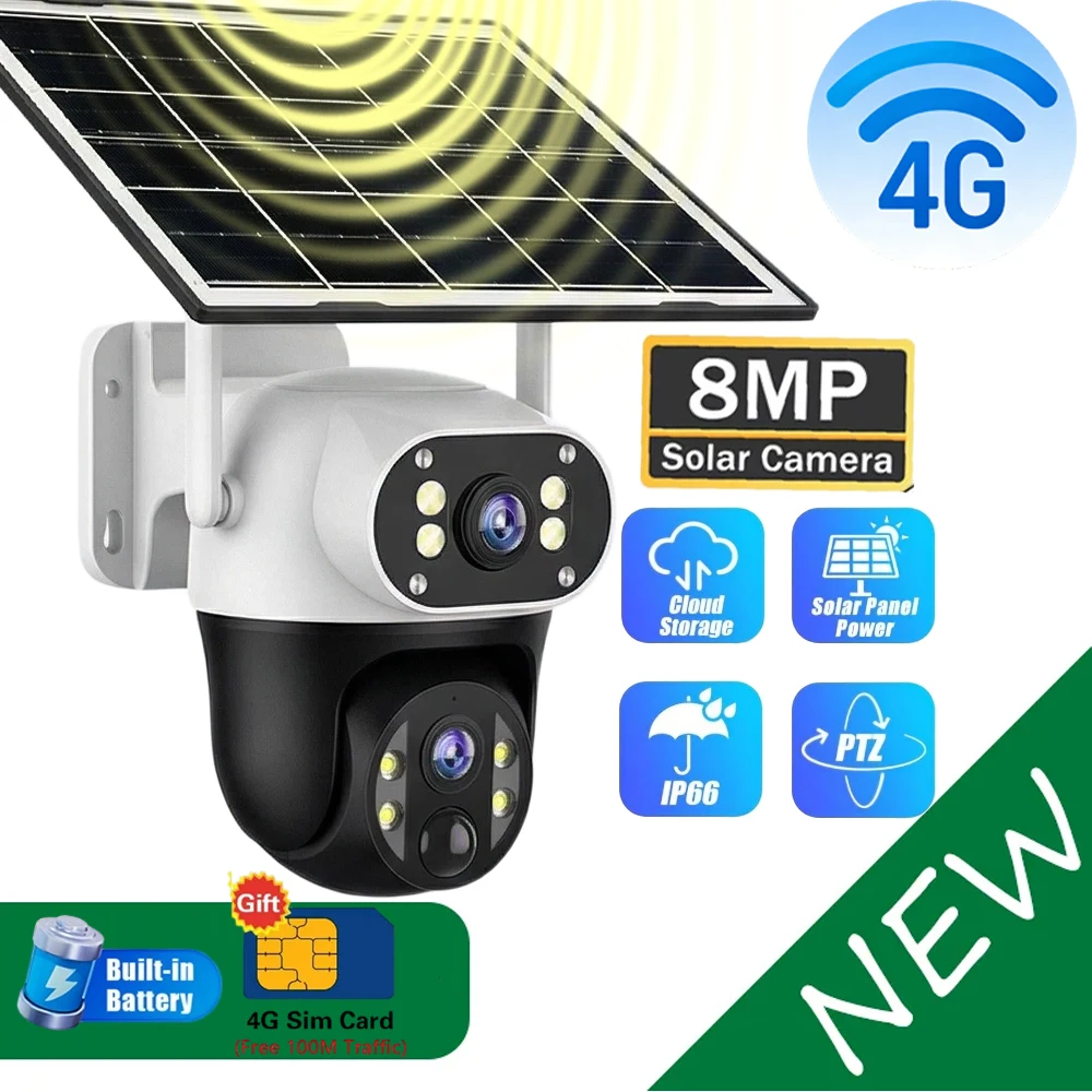 Solar Camera 4G Outdoor 2 Lens 3 Screen PIR Human Detect 10X Zoom Cameras IP66 Waterproof Night Vision CCTV Security Protection
