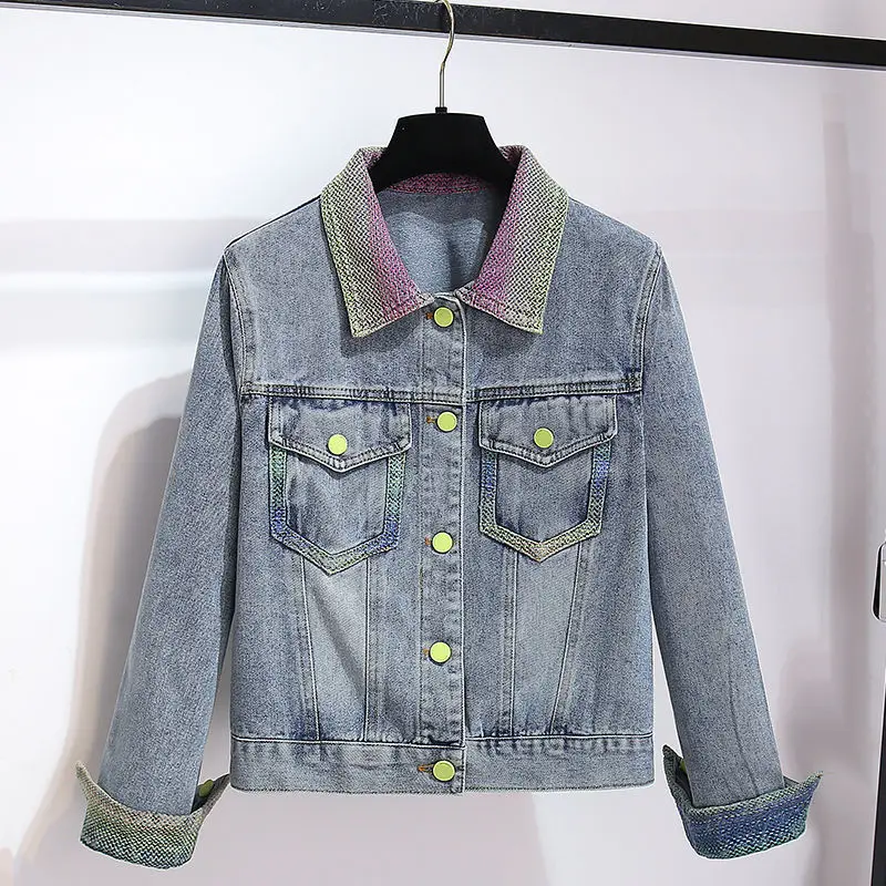 Short Gradient Color Splicing Polo Collar Denim Jacket for Women Spring Autumn Fashion Ladies' Clothing Small Size Jacket