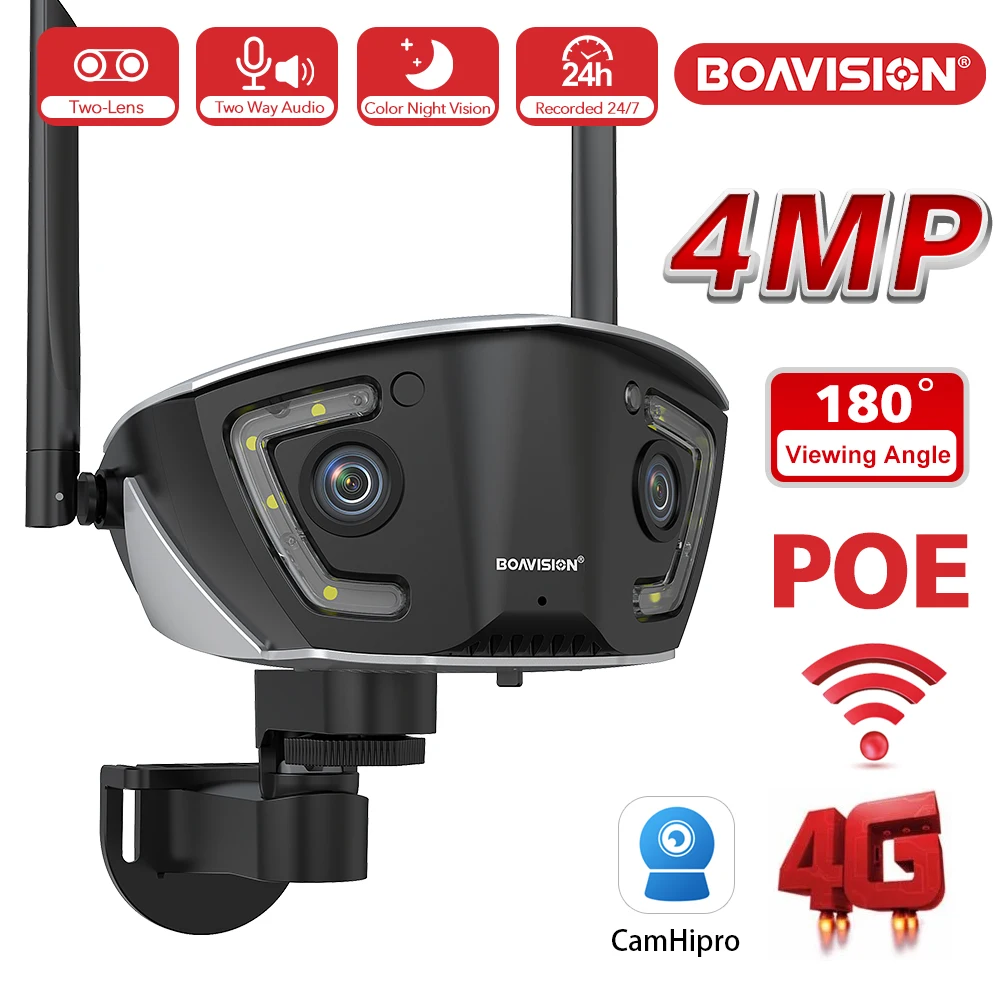 4MP 4G Outdoor Wifi Surveillance Camera POE Dual Lens 180° Ultra Wide Angle Color Night Vision Security Camera Camhipro APP