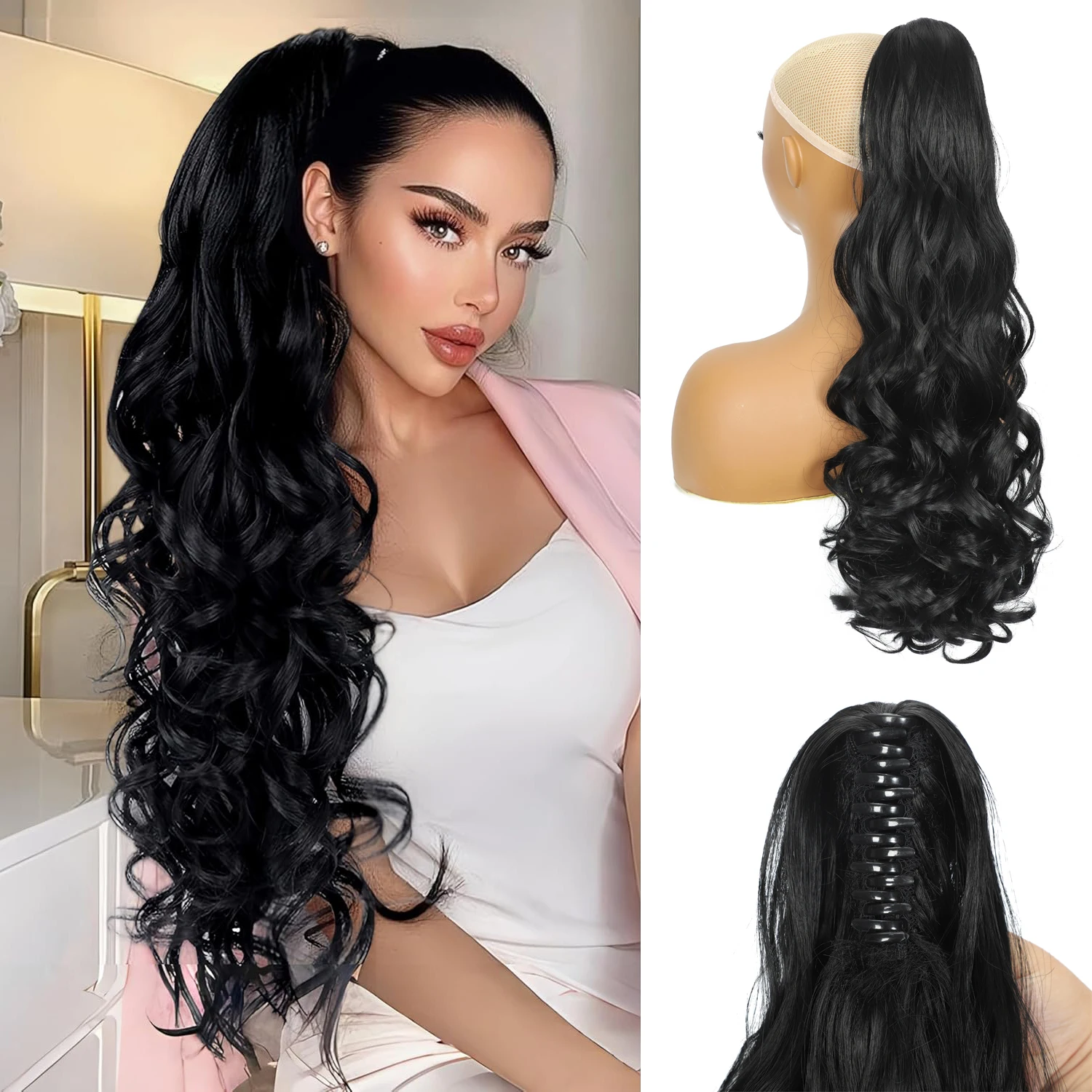 24 In curly Long Black Wavy Layered Pony Tails Hair Extensions synthetic Clip in Ponytail Hairpiece for Women