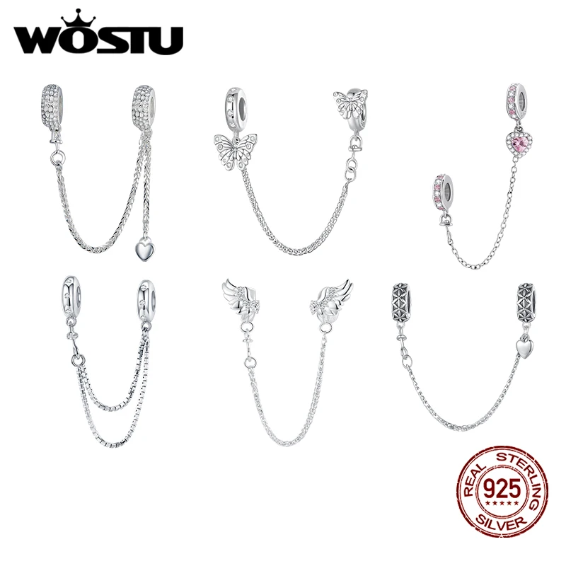 WOSTU 100% 925 Sterling Silver Butterfly Safety Chain Angel Wing Charm Pink Heart Beads Fit Original Bracelet DIY Jewelry Gift