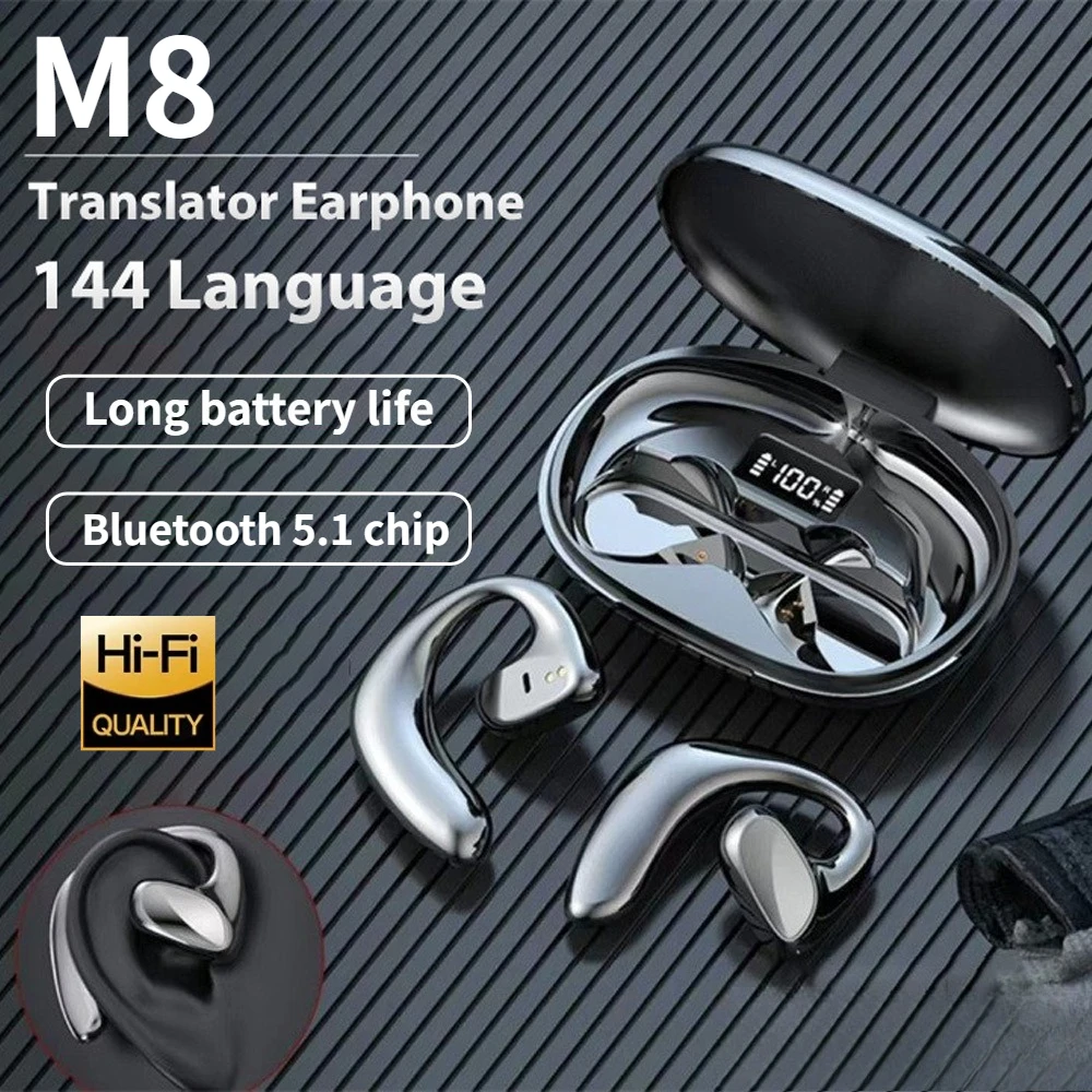 M8 Intelligent Translator Earbuds 144 Languages High Accuracy Wireless Bluetooth Two Way Ear-hanging Translator Headsets Device