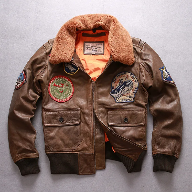 American Sle Genuine Leather Flight Jaet for Men with Lamb Fur Collar Stand Collar Top Layer Cowhide Skin Coat