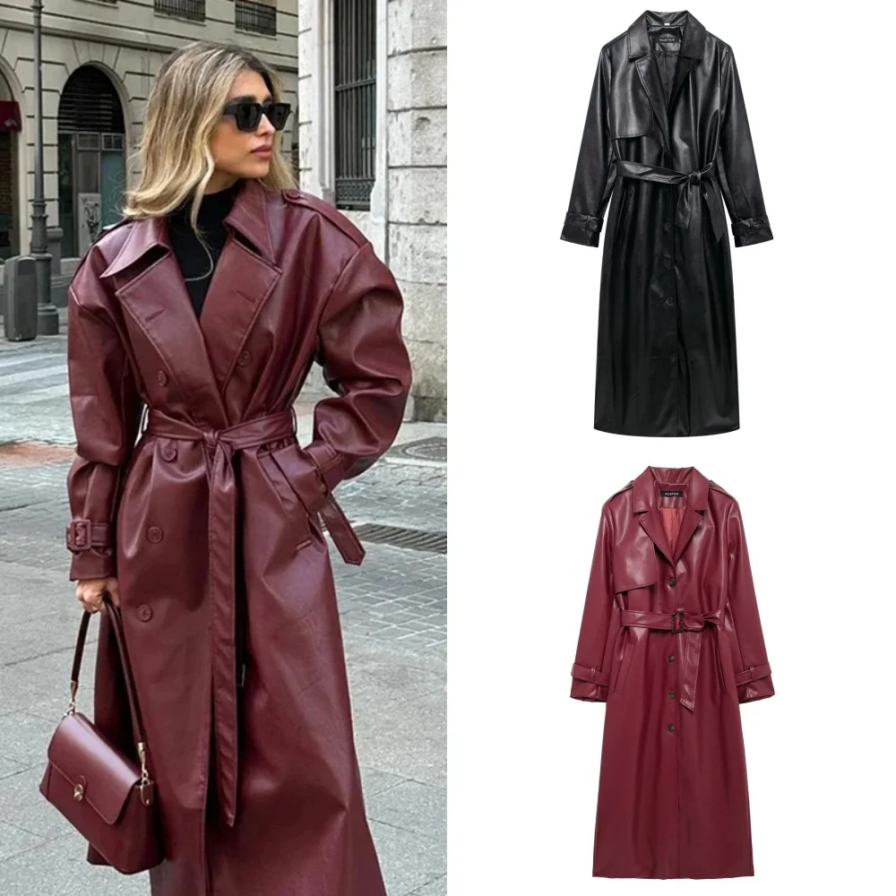 2024 Women New Fashion with Belt Long Style Single Breasted Faux Leather Coat Vintage Long Sleeve Pockets Female Outerwears