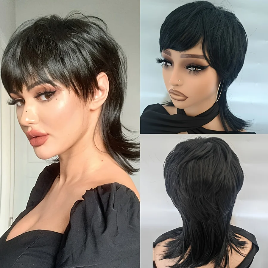 StrRid Short Black Wig Shaggy Layered 80s Mullet Wig Pixie Cut Wig With Bangs Curly Synthetic Natural Fake Hair Replacement Wigs