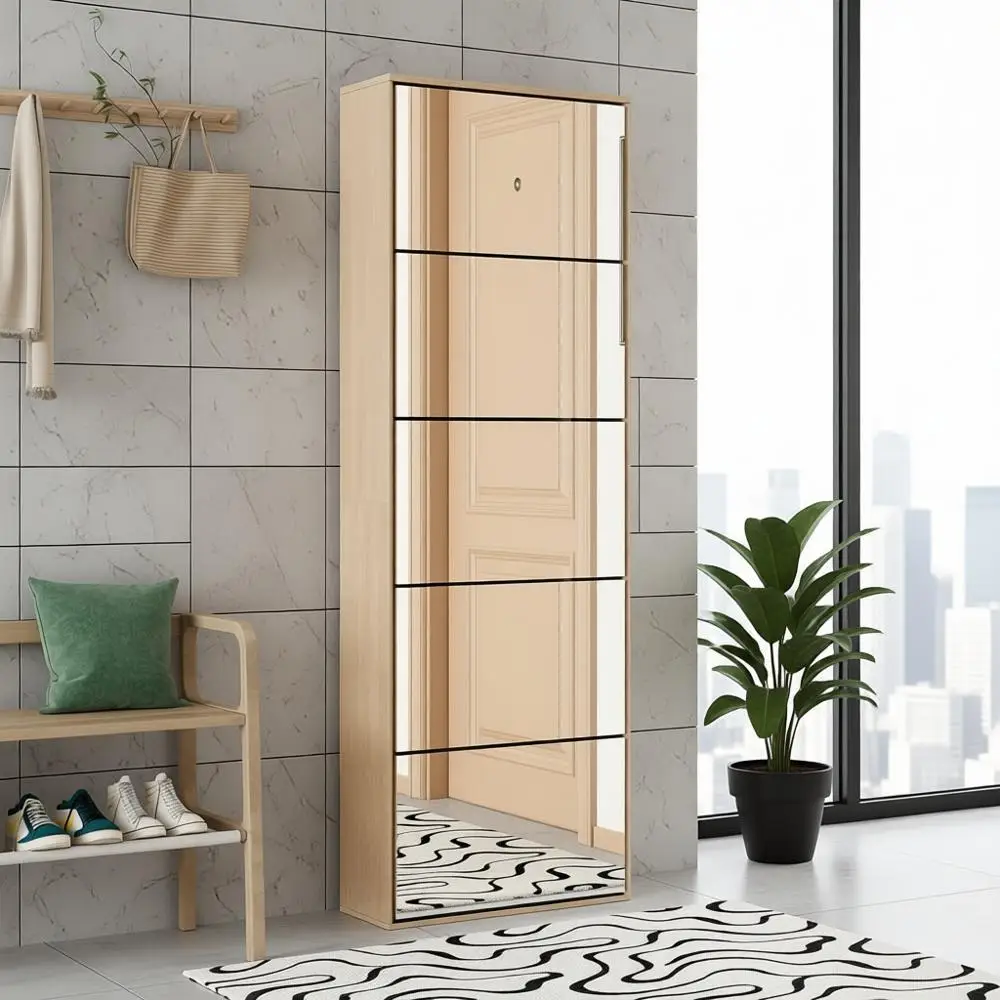 Modern Mirrored Shoe Cabinet, 5-tier Storage, Entryway Organizer, Silver